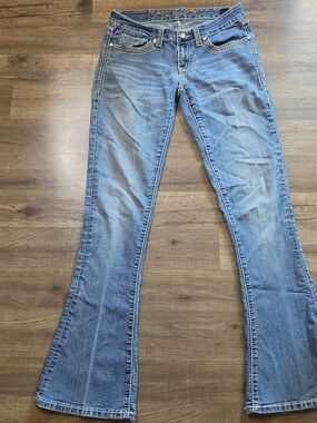 Seven7 Womens Y2K Tulip Flare Jeans 4 Blue Low Rise Crystal Embellished Boho